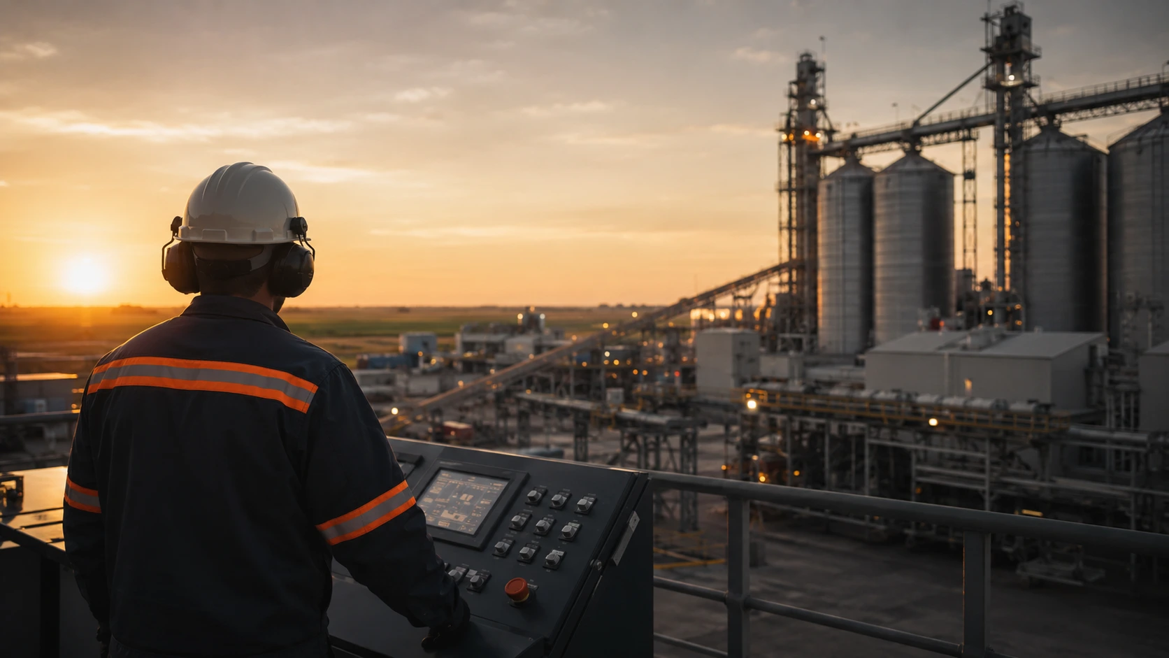 Opérateur observant les silos au coucher de soleil
