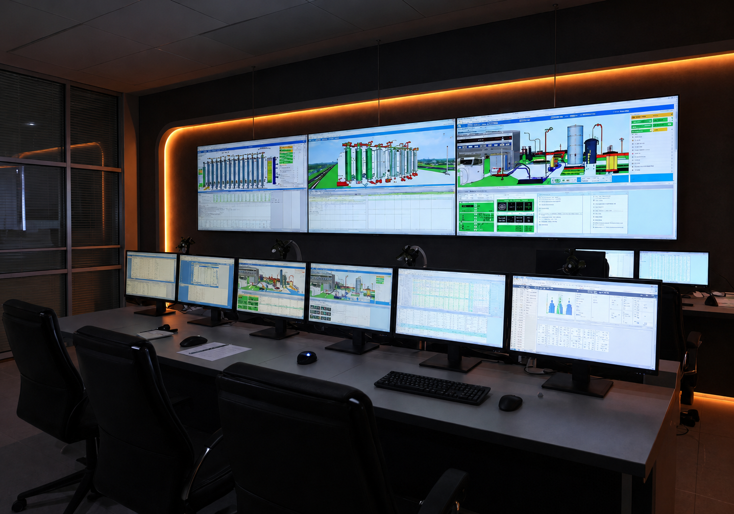 Control room with a wall of synoptic screens